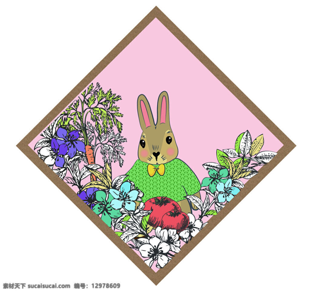 卡通 手绘 兔子 卡片 粉色 复活节