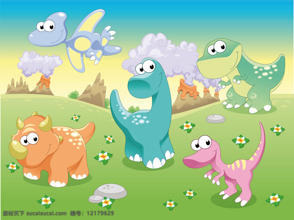 草地 上 恐龙 小花 卡通动物 野生动物 蜥蜴 漂亮 大型恐龙 爬行动物 史前 捕食者 侏罗纪 雷克斯