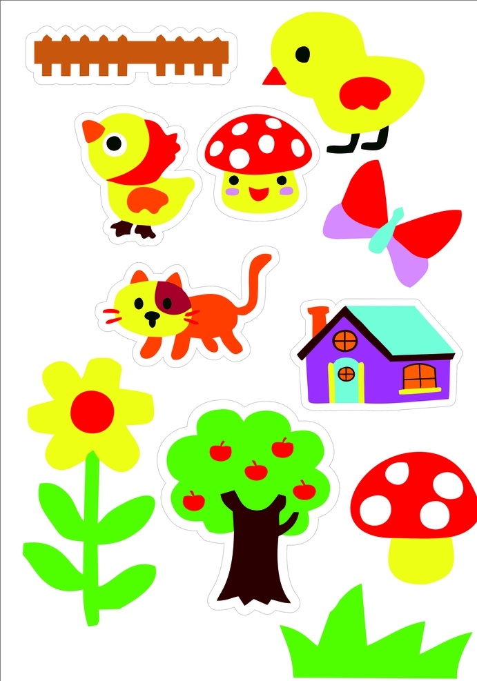卡通素材 卡通动物图片 卡通 动物 植物 卡通花朵 卡通蘑菇 卡通栅栏 卡通蝴蝶 小鸡 房子 小猫