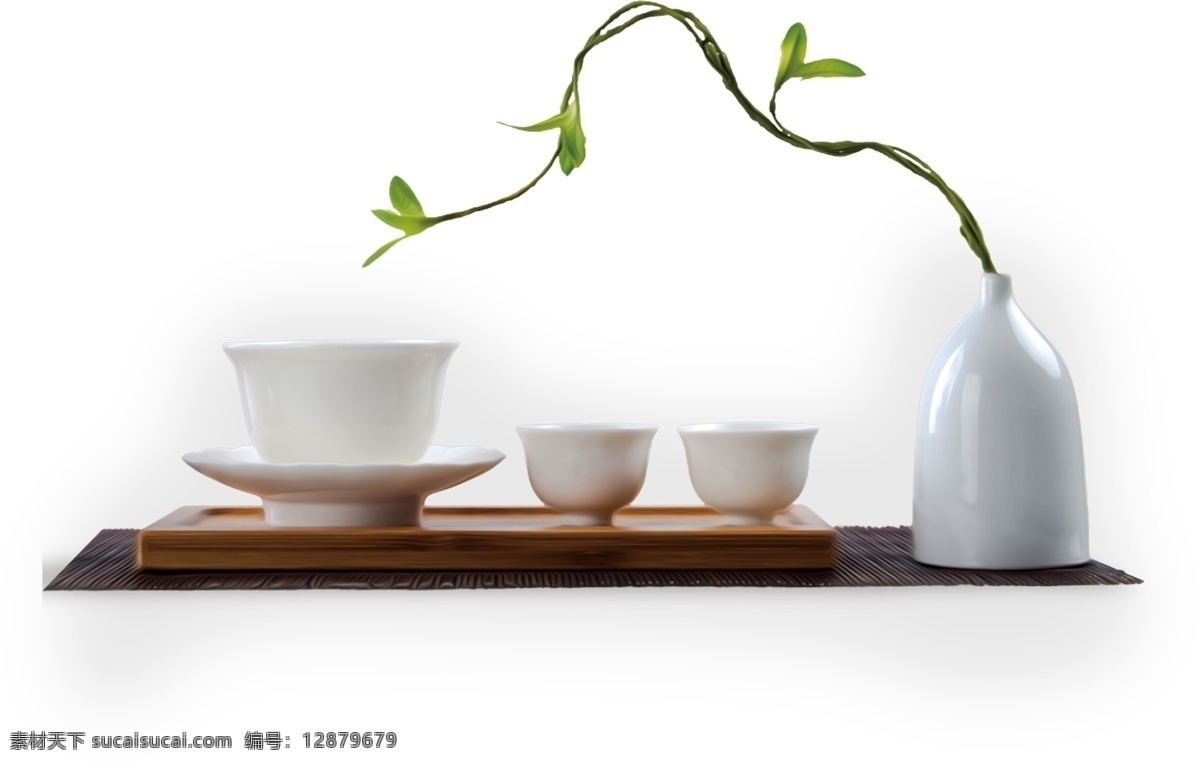 中式元素 瓶子 插话 绿色植物 茶器