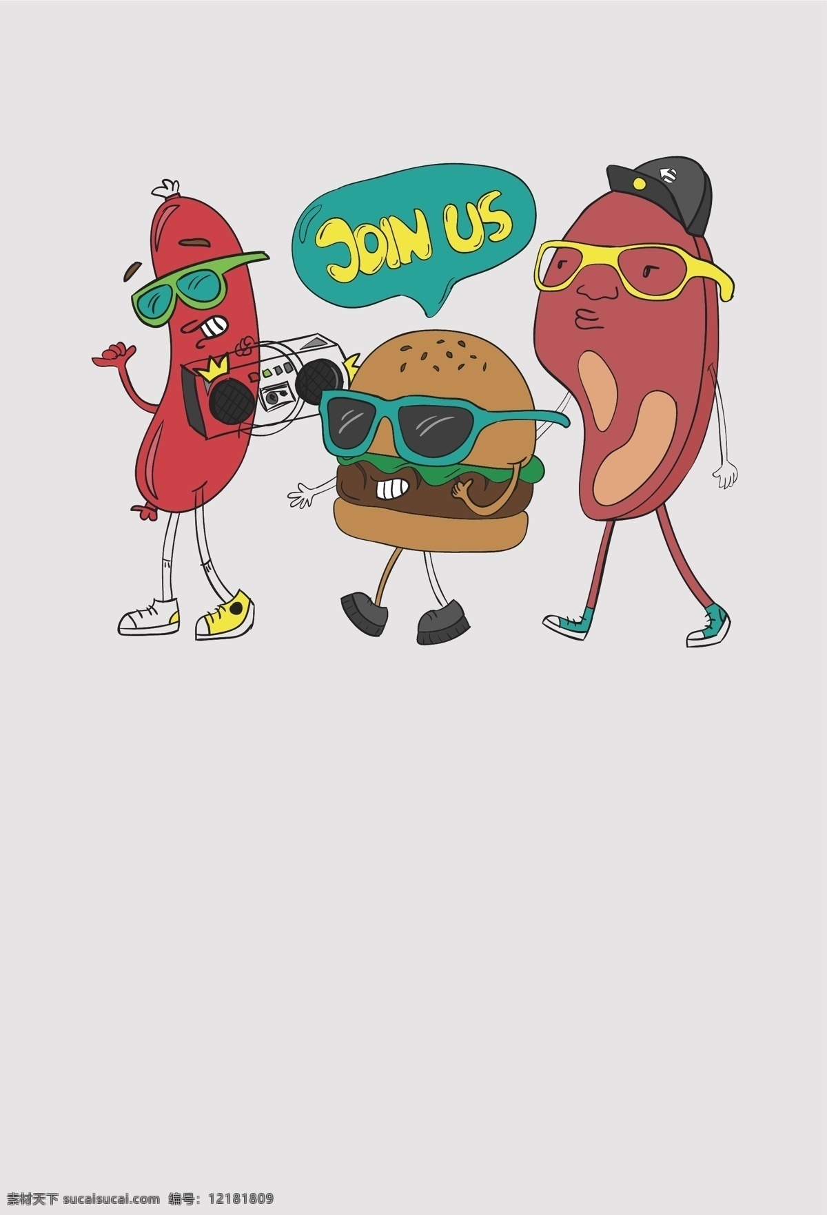 可爱 搞 怪 卡通 食物 形象 海报 背景 插画 搞怪 烤肠 肉 汉堡 烤肉 手绘 矢量 开心