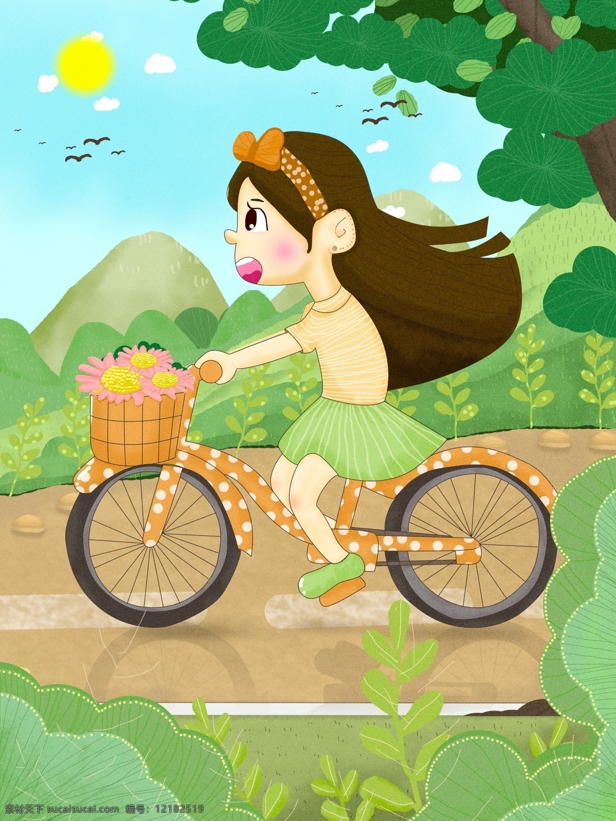 低 碳 环保 绿色 出行 扁平 风 插画 骑车 自行车 绿色出行 骑自行车 女孩 春天 大树 立春 女生 树木 草 山