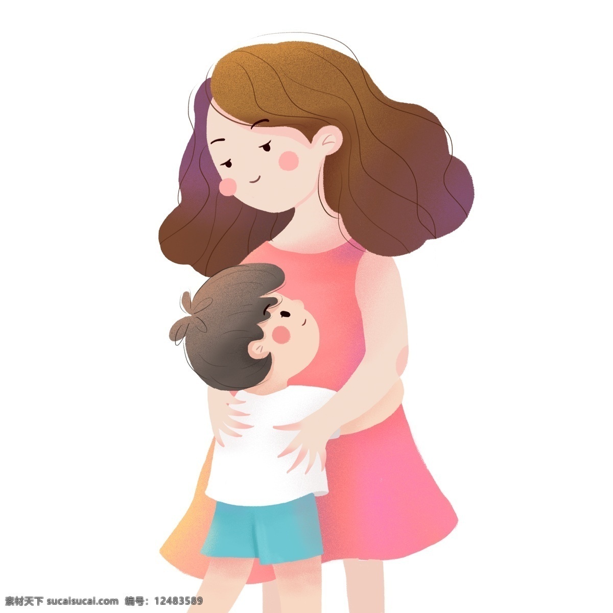 温馨 手绘 拥抱 母子 俩 卡通 可爱 插画 人物 母亲节 节日