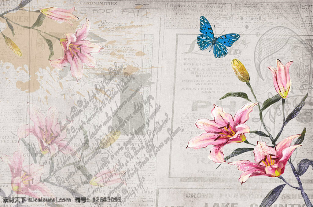 水墨百合花 蝴蝶 百合花 水墨画 装饰画 无框画 画芯 壁画 背景墙 书画文字 文化艺术