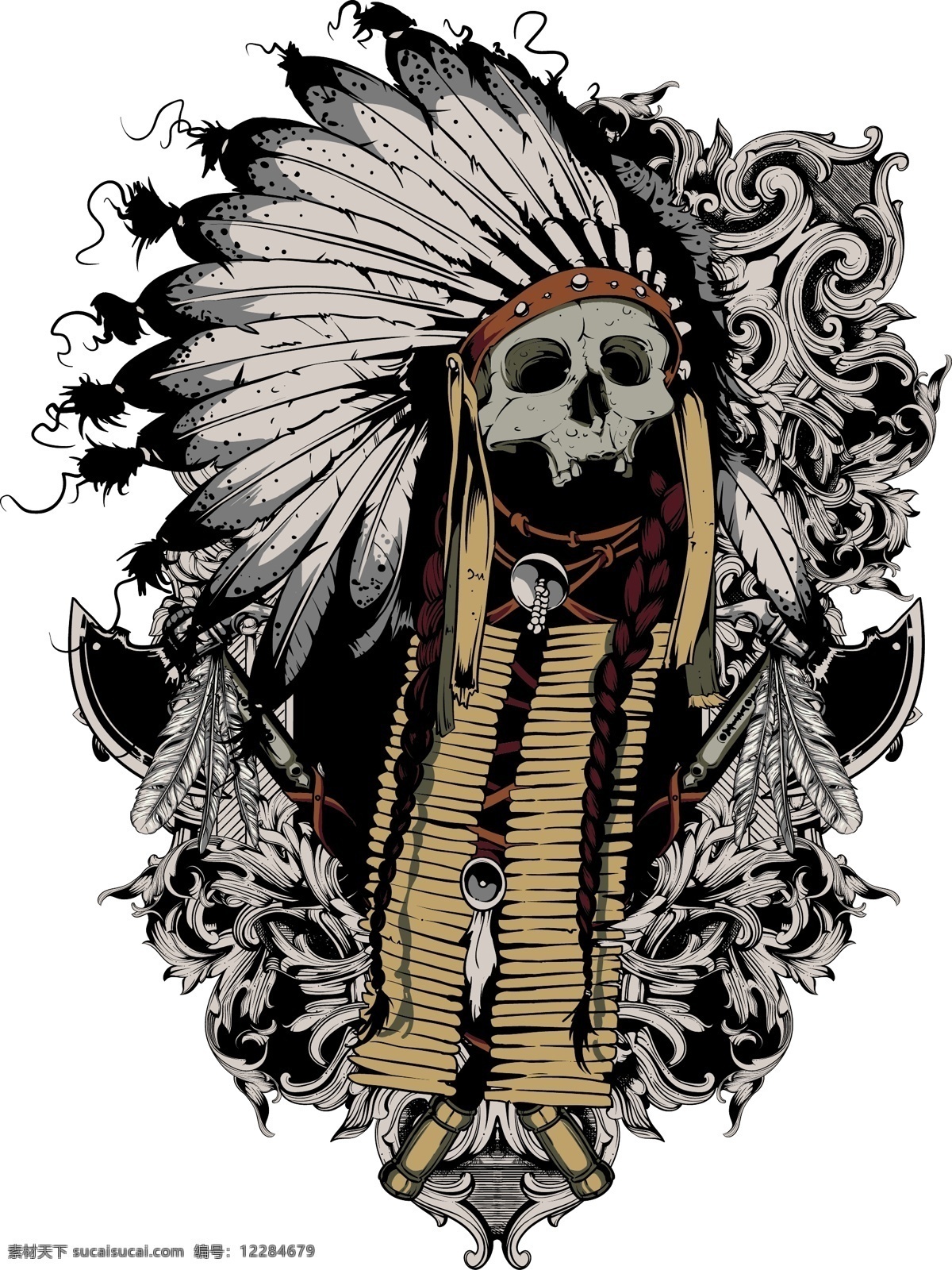 印第安人 骷髅 头 图案 创意字母 t恤图案 t恤设计 潮流图案 恐怖图案 复古图案 t恤花纹 印花图案 底纹边框 矢量素材 白色