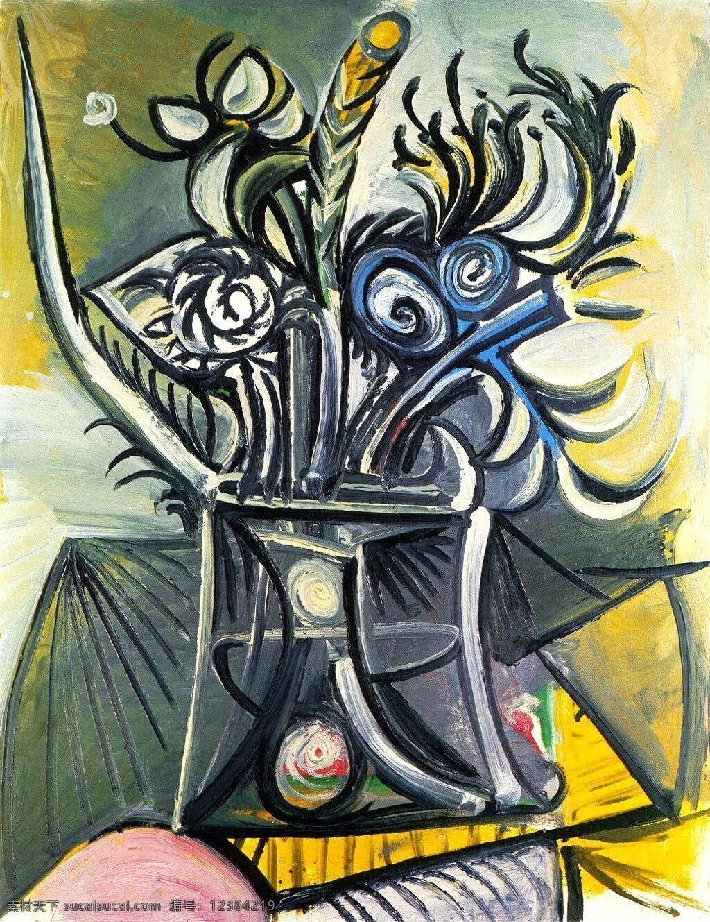 西班牙 画家 巴勃罗 毕加索 抽象 油画 人物 人体 装饰画 table une sur fleurs de vase 1969 装饰素材