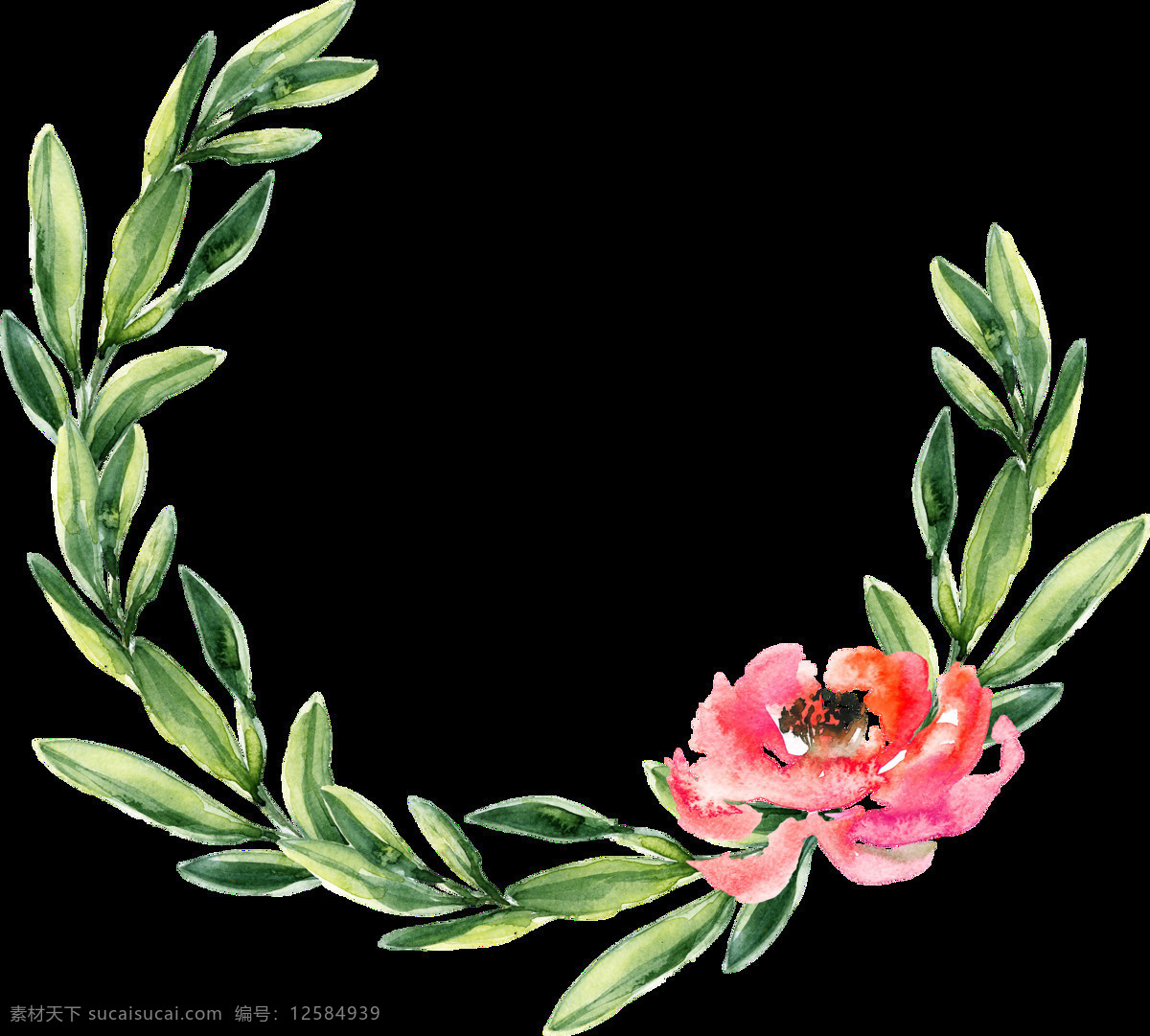 清新 温婉 手绘 花环 装饰 元素 粉色花朵 绿色树叶 玫瑰花 装饰元素