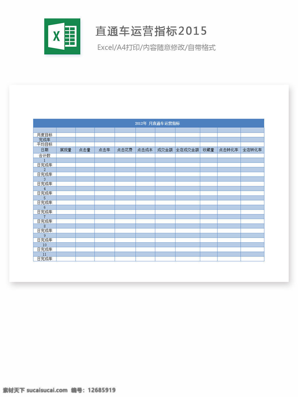 直通车 运营 指标 2015 excel 表格 表格模板 表格设计 图表