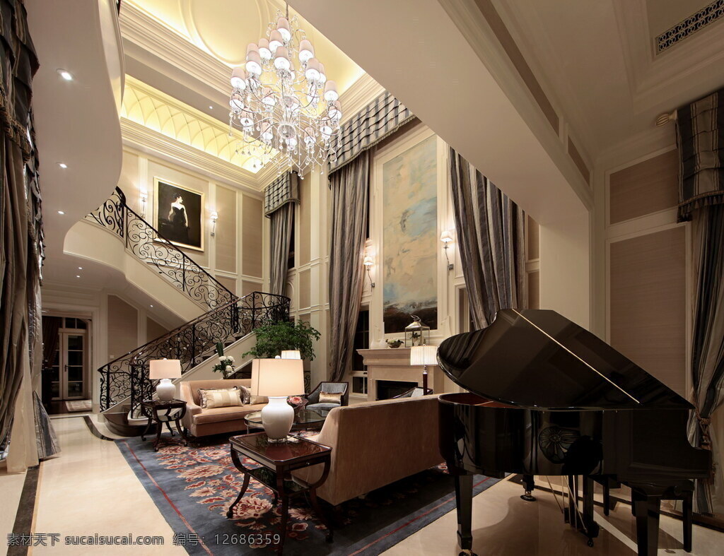 欧式 别墅 客厅 水晶 吊灯 效果图 吊顶 白色射灯 餐桌 钢琴 台灯 花色地毯