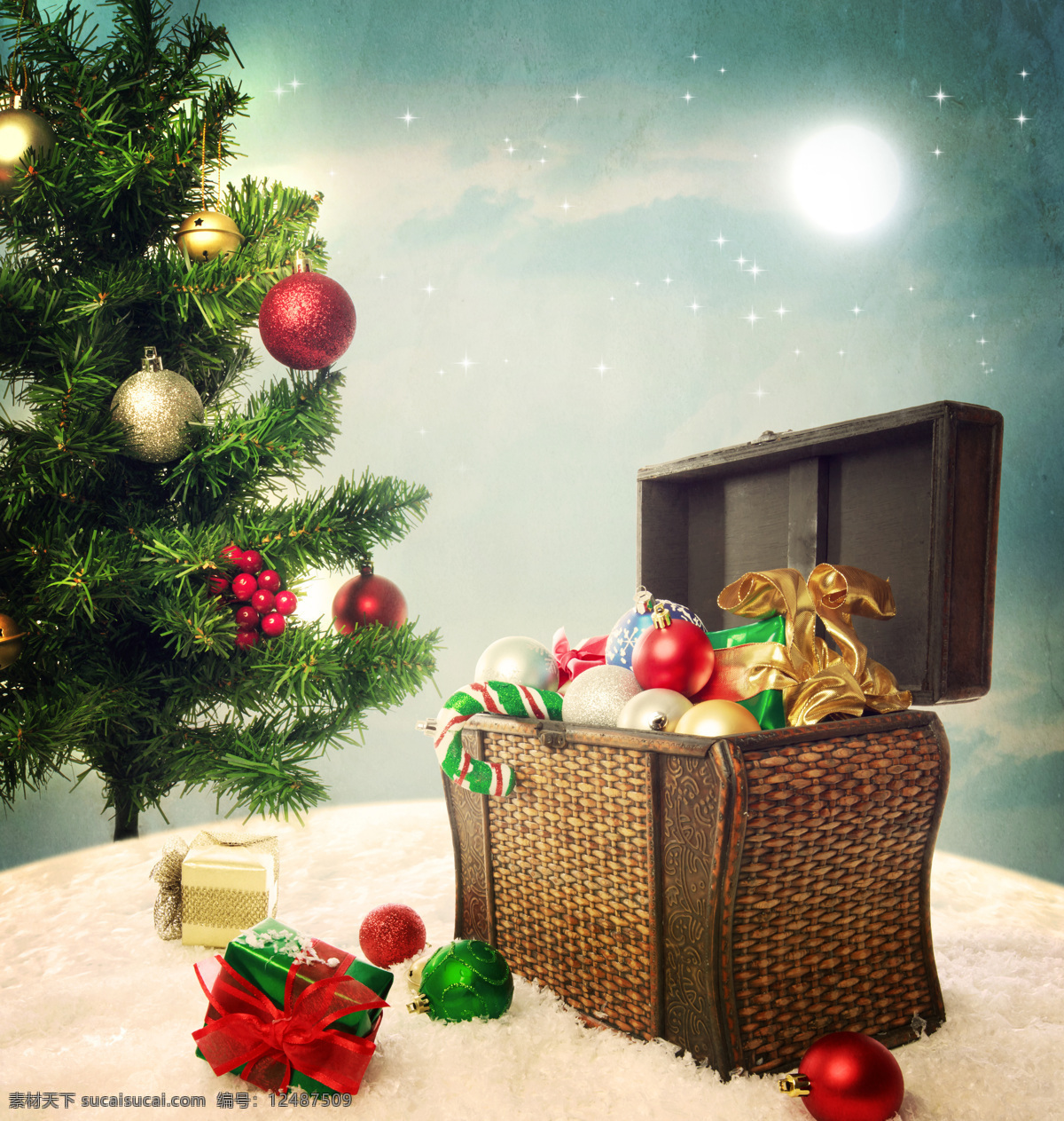 圣诞球 圣诞树 雪地 雪花 竹框 篮子 节日庆典 生活百科