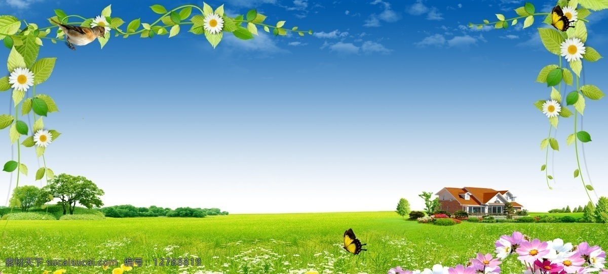 草地 蓝天 白云 海报 蓝天白云 小房子 粉色花朵 小鸟 蝴蝶元素 绿色植物 树 生物世界 花草