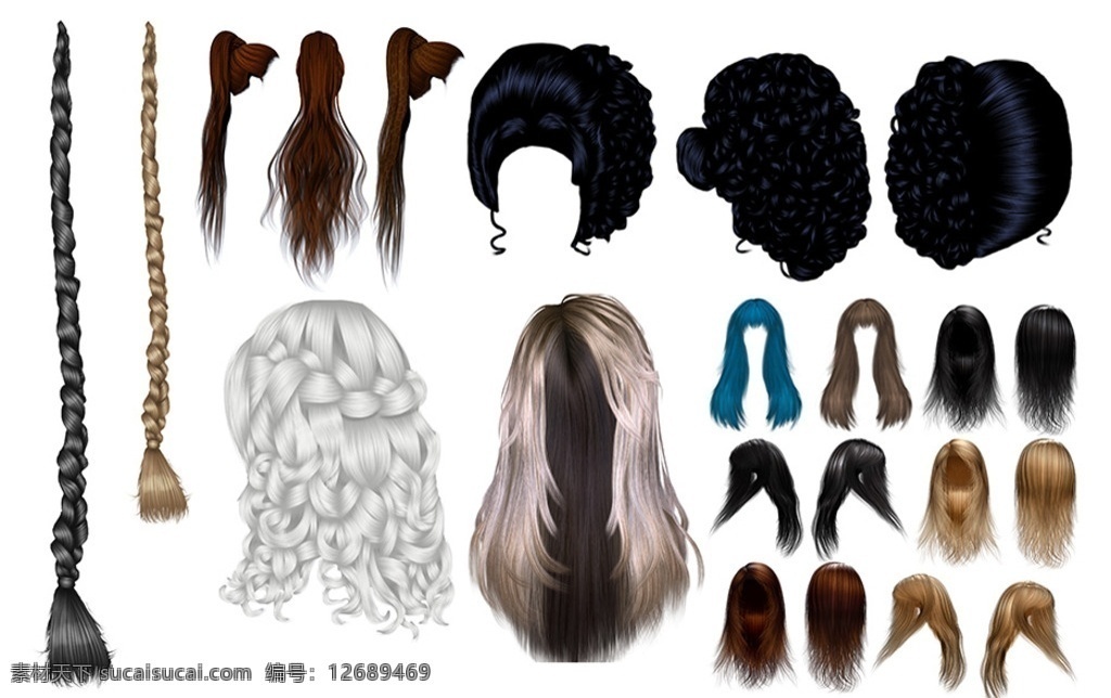 发型模板 3d 长发发型 黑色长发 棕色长发 金色长发 白色长发 卷发发型 长辫子发型 分层