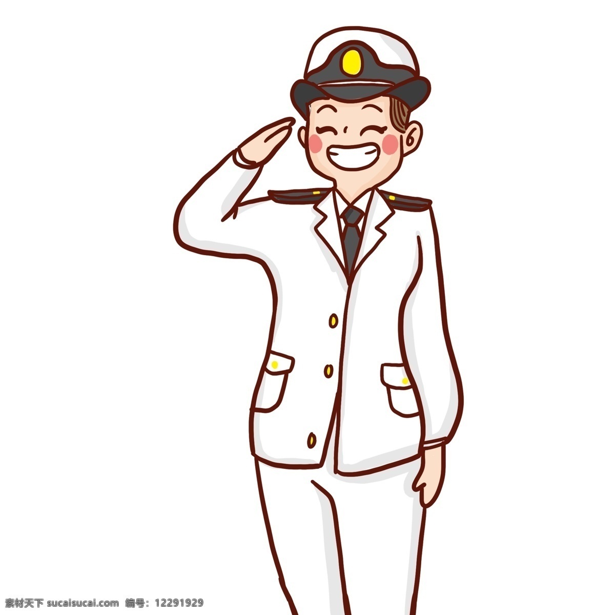 可爱 开心 笑 海军 军官 卡通 憨笑 警察 敬礼 插画 人物