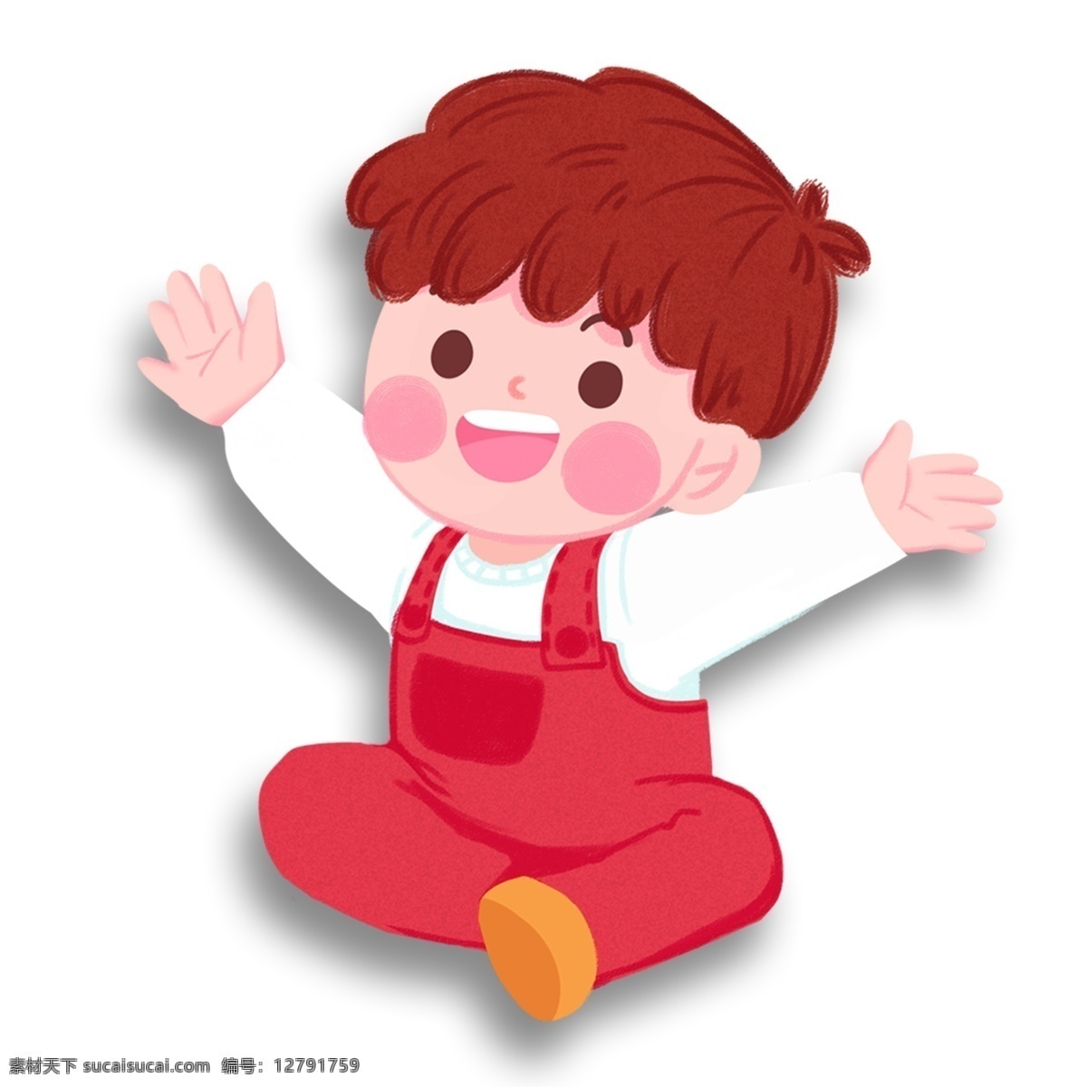 微笑 可爱 孩童 装饰 元素 装饰元素 手绘 红发 孩子 背带裤 腮红