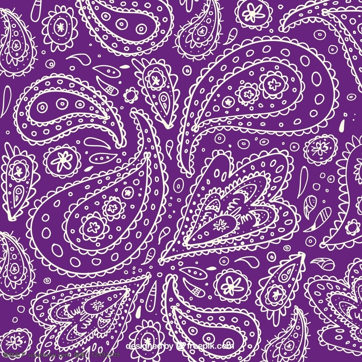 白色 粗略 佩 斯利 紫色 背景 花 图案 抽象 手 手画 装饰 花背景 形状 叶 花型 绘画 元素