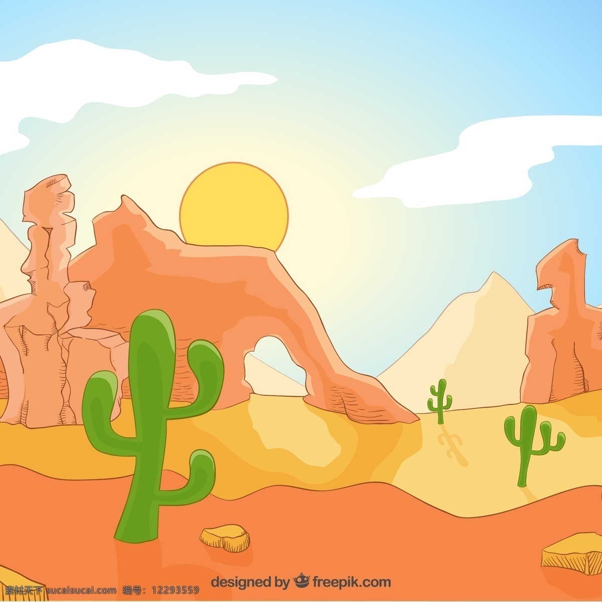 彩绘 沙漠 戈壁 仙人掌 风景 太阳 烈日 矢量风景素材 自然景观 自然风光