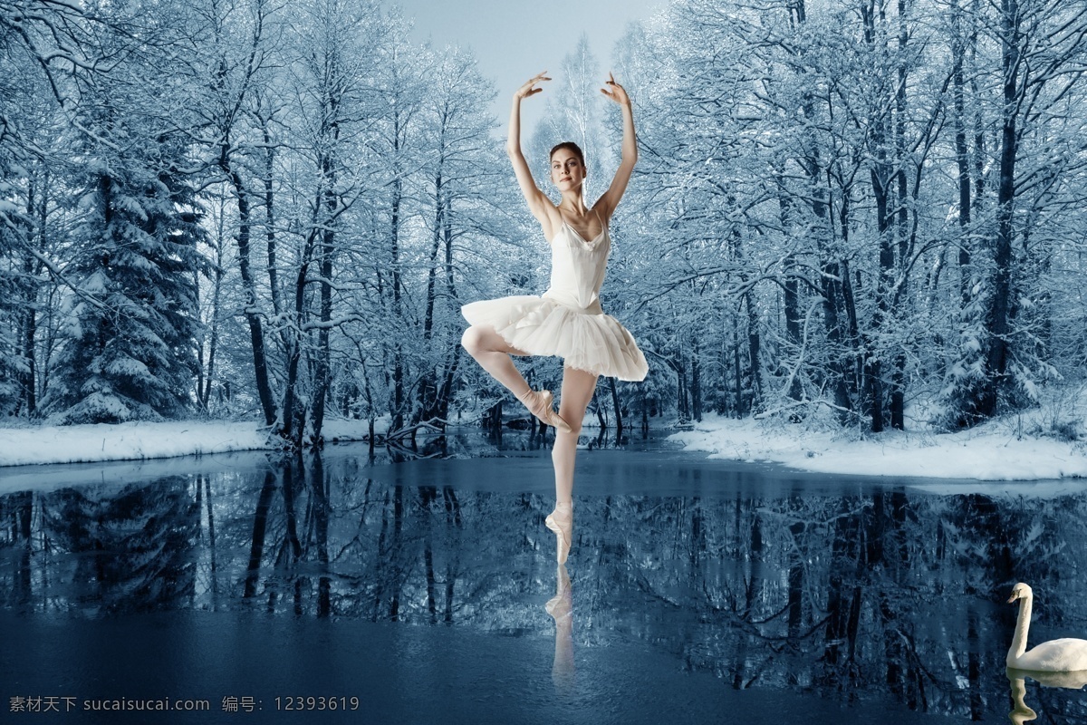 天鹅湖 芭蕾美女 雪景 融雪 风景画 芭蕾 美女 天鹅 湖 树 植物 风景 分层 源文件