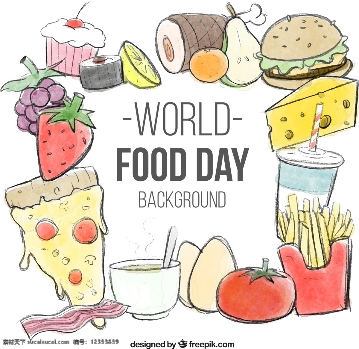 彩绘 世界 粮食 日 食物 插画 矢量 彩色 手绘 蔬菜 美食 快餐 汉堡