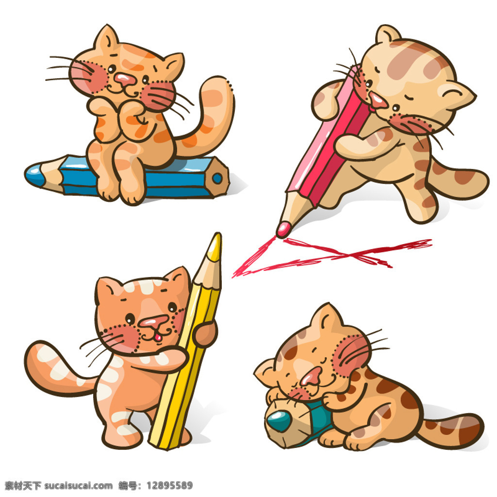 卡通 猫咪 铅笔 矢量 猫 蜡笔 可爱 思考 调皮 睡觉 白色