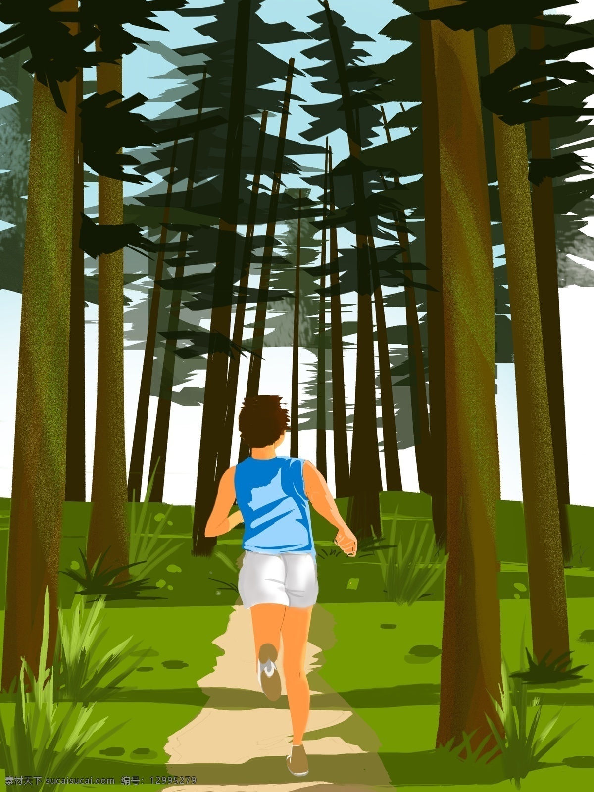 清晨 森林 中 漫 跑 人 运动 插画 跑步 健康 封面 宣传 原创 商业插画 绿色生活 锻炼 生活方式 清新自然 海报