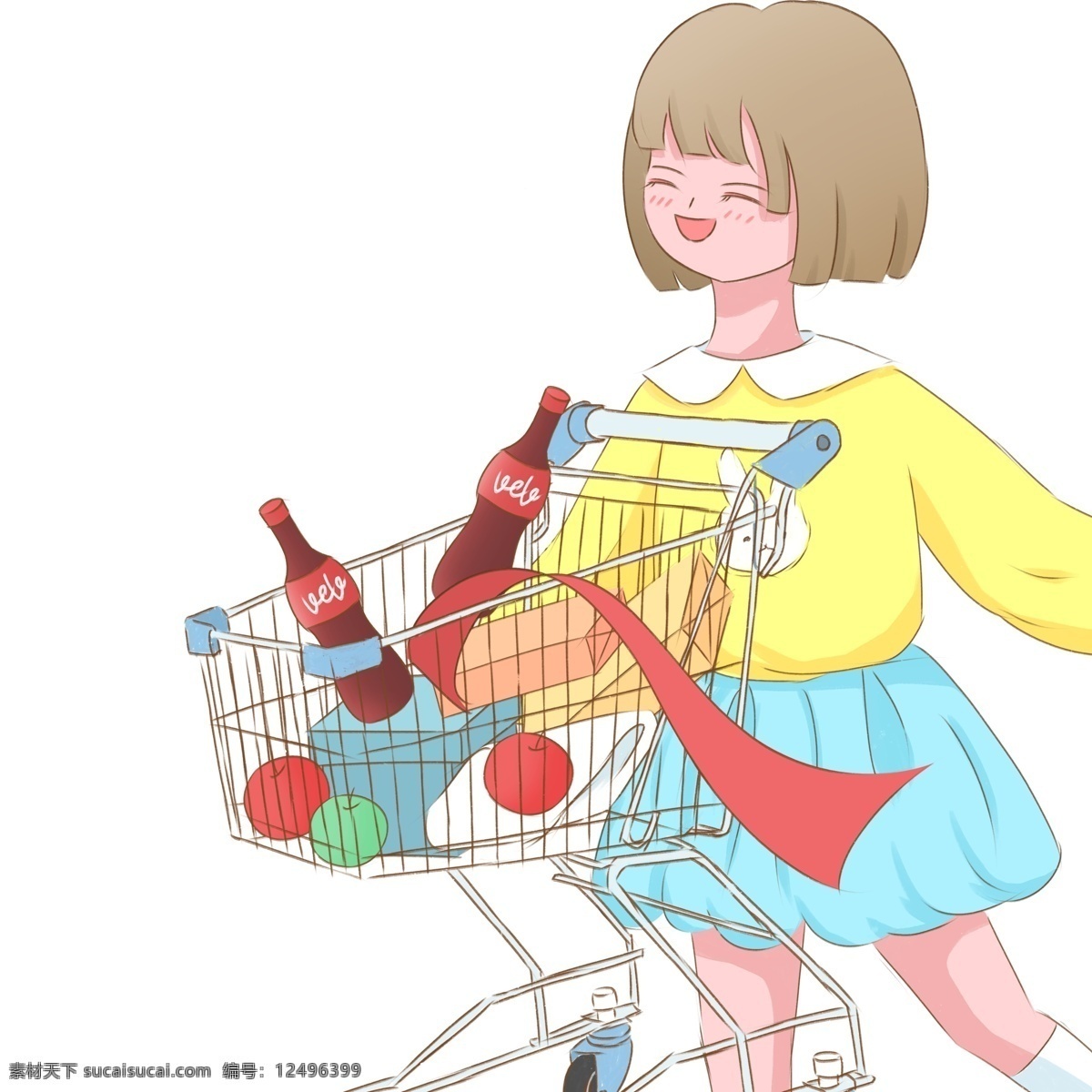 推 购物车 开心 购物 女孩 卡通 小清新 插画 漫画人物 可乐