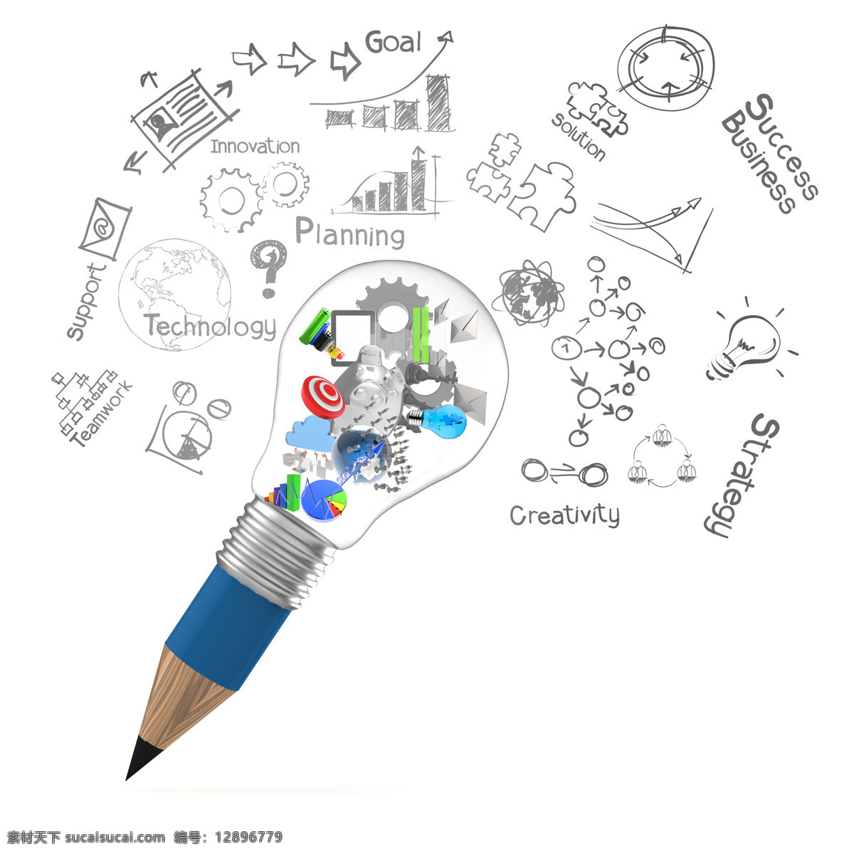 铅笔 灯泡 里 商业战略 创 意图 计划 商业背景 创意背景 办公学习 生活百科 白色