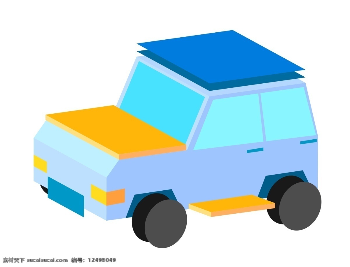 蓝色 小汽车 装饰 插画 蓝色的小汽车 交通工具 玩具小汽车 黑色的轮胎 深蓝色车顶 黄色的车灯