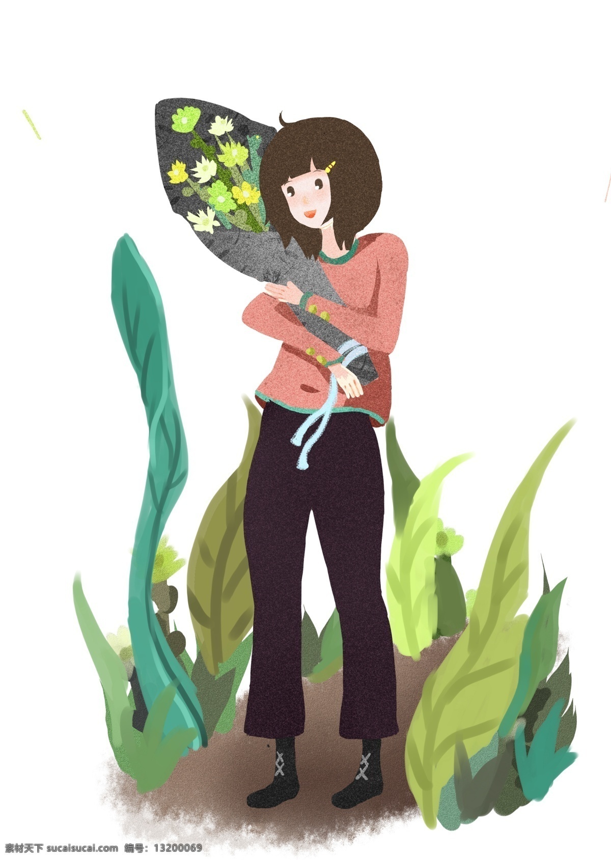 清明节 抱 花束 女孩 插画 清明节插画 花朵 鲜花 绿色植物 绿叶 卡通节日装饰 大自然植物