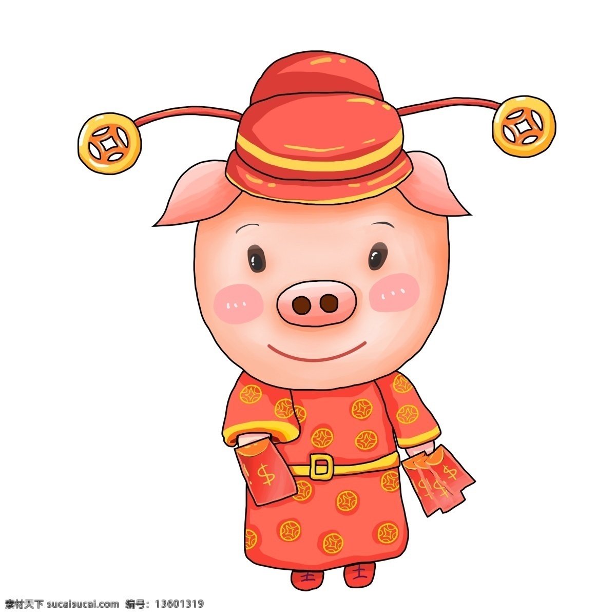 发红 包 财神 小 猪 卡通 喜庆 创意设计 红包 春节 插画 手绘 大年初二 小猪 猪年形象 财神小猪 psd设计 新年 猪年 2019年 过年 小猪形象