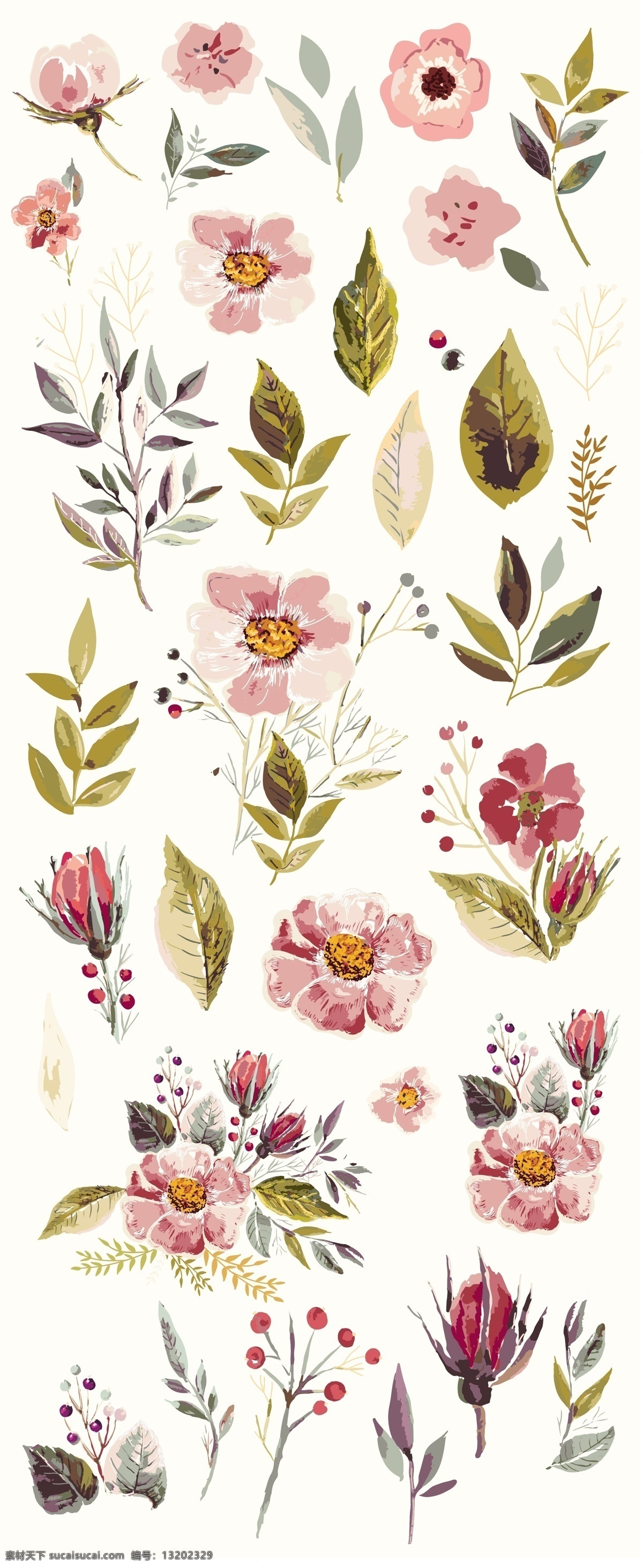 粉色 花朵 水彩 绿叶 卡通 矢量 卡片 包装 插画 装饰 树叶 夏天 春天 叶子 小清新 文艺 海报