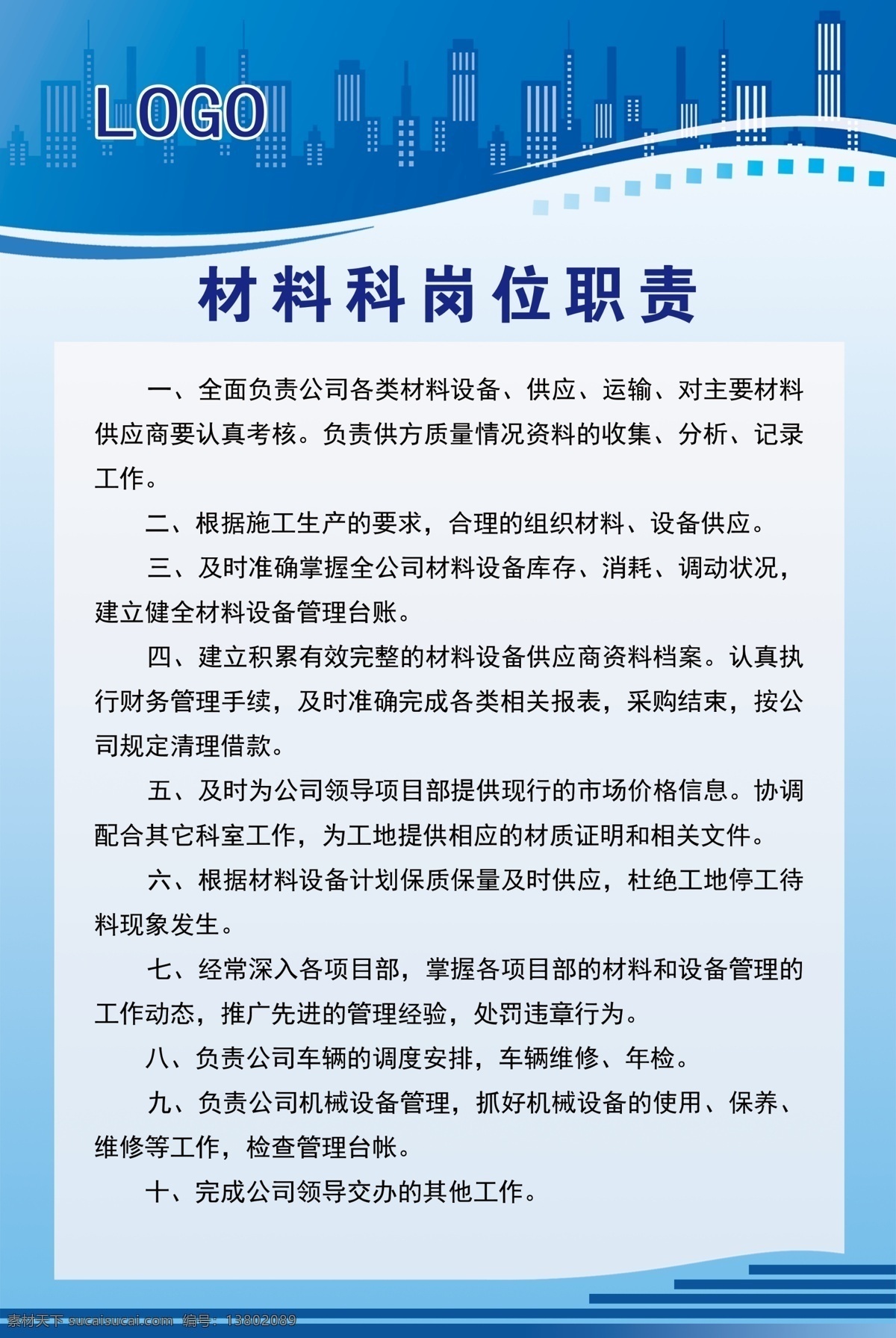 材料科 岗位职责 制度 蓝色底 建筑公司 制度牌