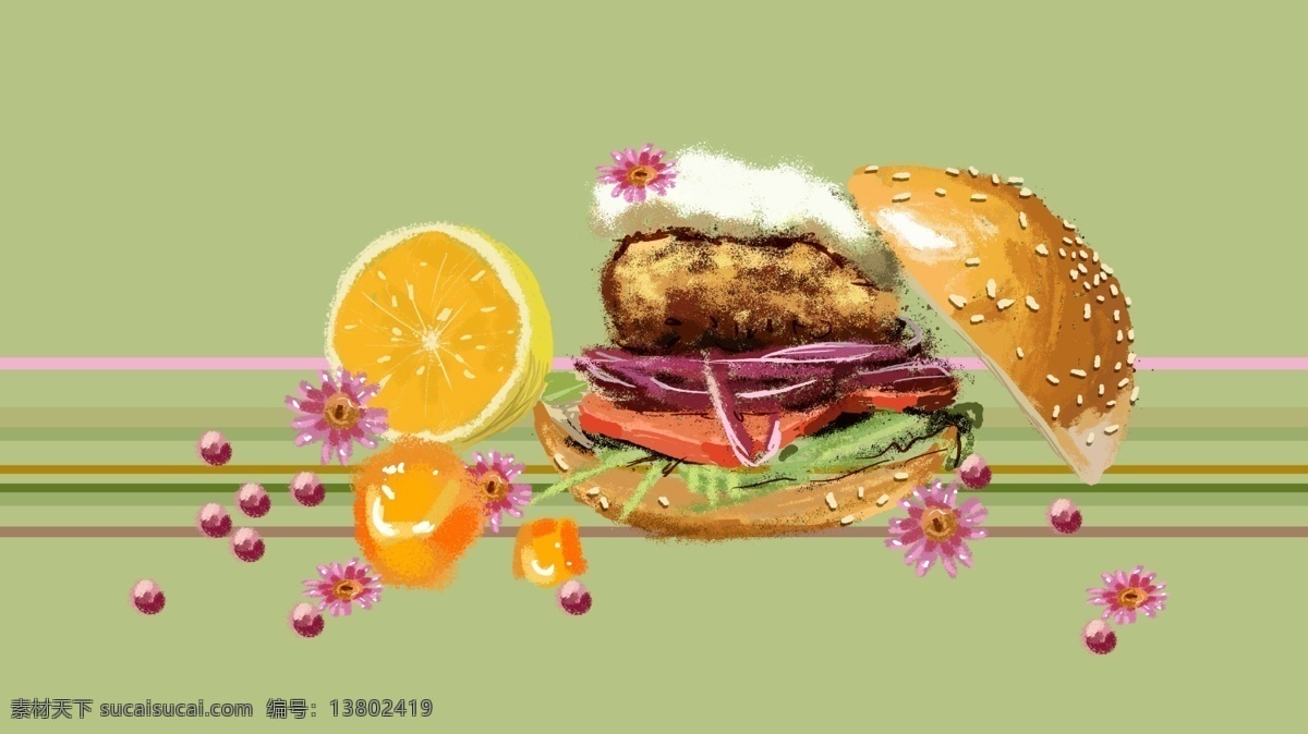 金色 汉堡 水果 绿色 卡通 背景