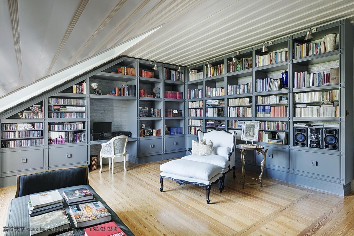 欧式 客厅 书柜 装修 效果图 木地板 不规则吊顶 茶几 射灯 书房 书架