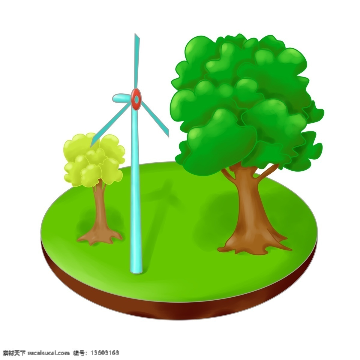 蓝色 风车 装饰 插画 蓝色的风车 绿色的草地 绿色的树木 绿色的叶子 环保的风车 风车的插画