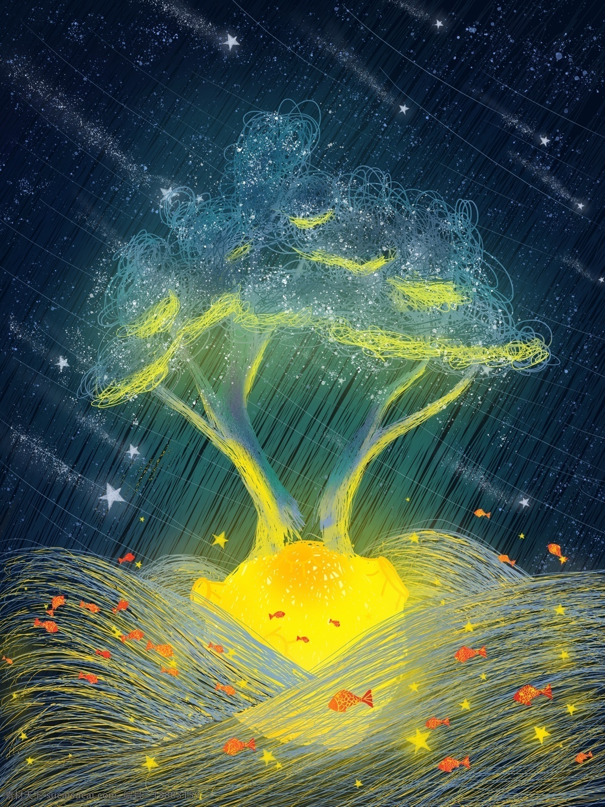 梦幻 场景 流星 树木 背景 夜晚背景 流星雨 深蓝 蓝色 大树背景 深夜背景 晚上 线圈画背景 手机壁纸背景