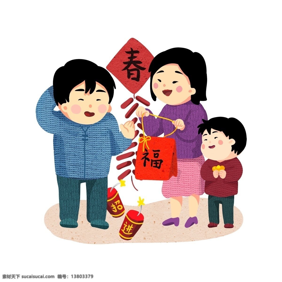 新年 手绘 一家人 拜年 传统 复古 节日 习俗 欢庆 氛围