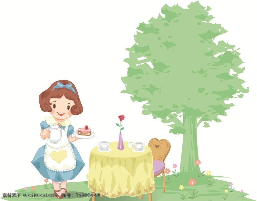 树下 做 蛋糕 小女孩 做蛋糕 草地 苹果树 矢量图系列