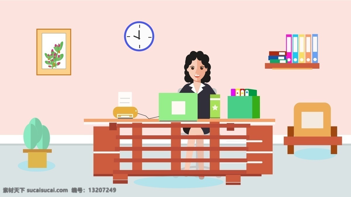 原创 办公 女性 工作 中 人 矢量 扁平 风格 插画 沙发 电脑 工作中的人 扁平风格 场景 文件夹 盆栽 复印机