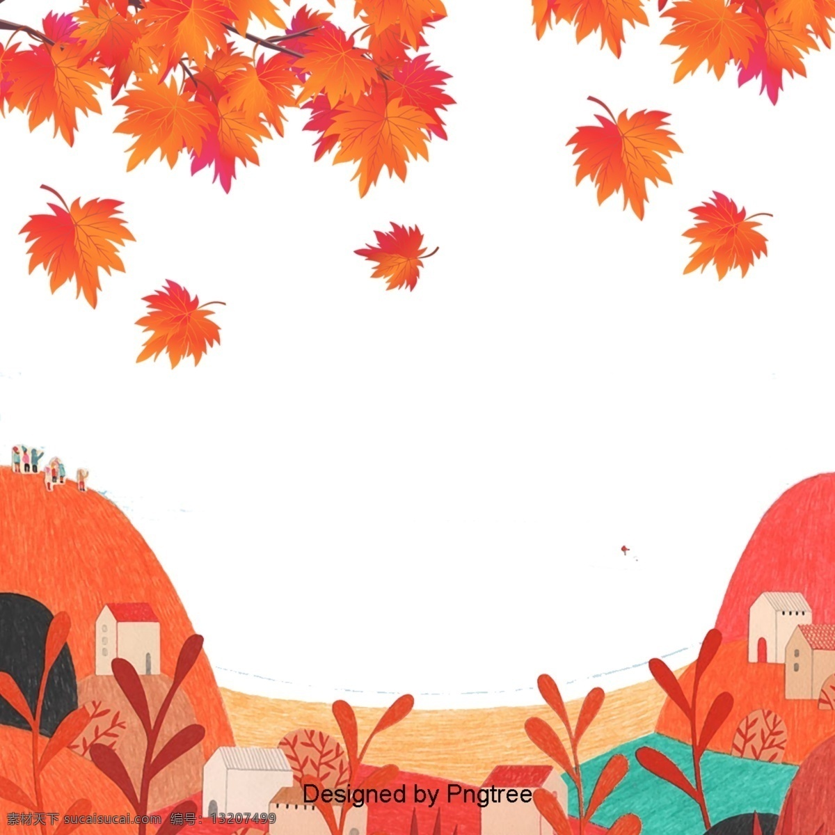 美丽 多彩 的卡 通 可爱 手绘 秋叶 飘飘 卡通 秋天 漂浮 树叶 树枝 山坡 体育