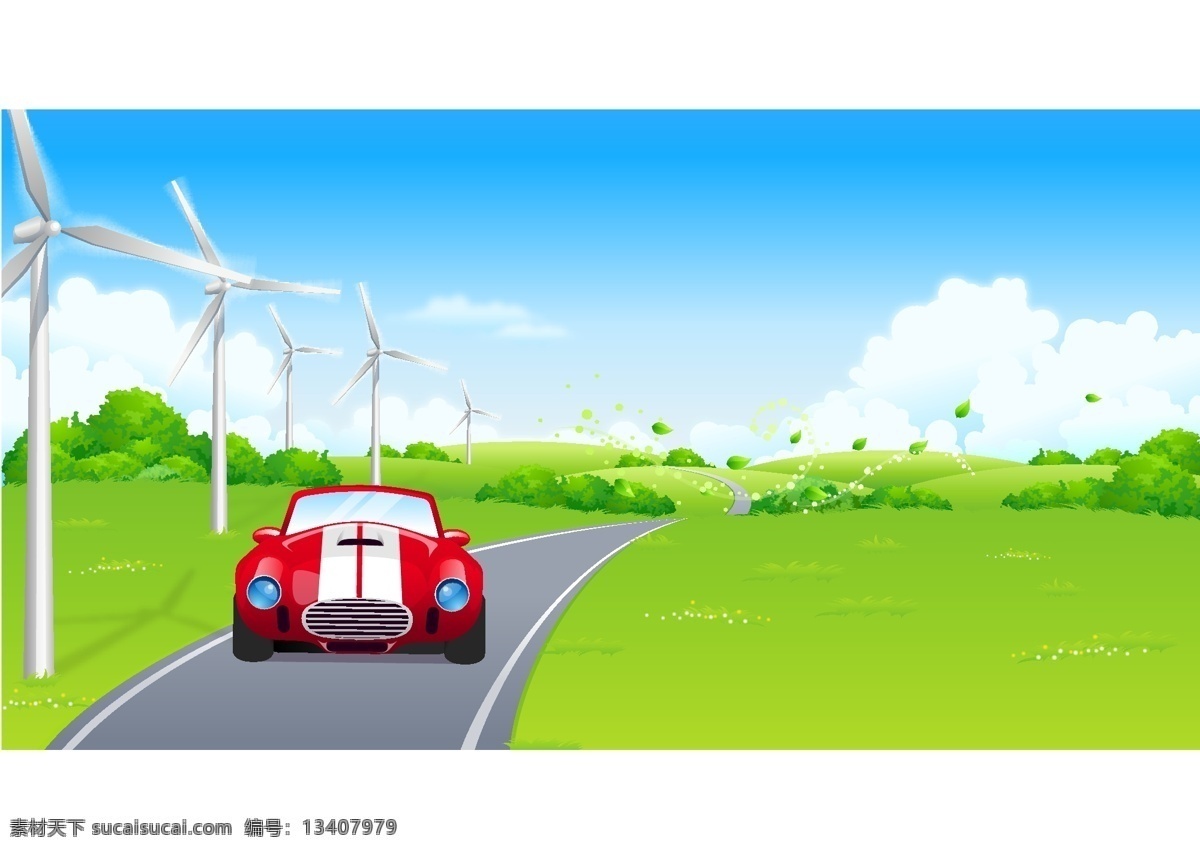 卡通 矢量 背景 草地 动漫素材 风车 花朵 蓝天白云 汽车 矢量素材 矢量图 其他矢量图