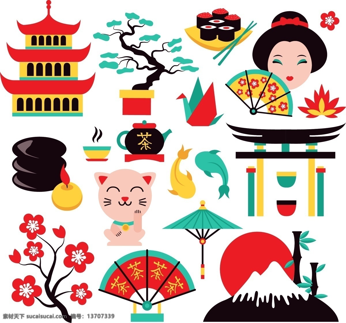 日本 旅行 主题 元素 建筑 风情 插画
