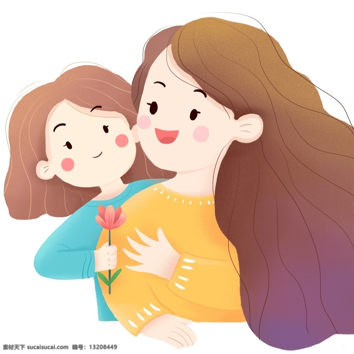 温馨 母亲节 妈妈 送花 女孩 手绘 卡通 插画 女儿 玫瑰花