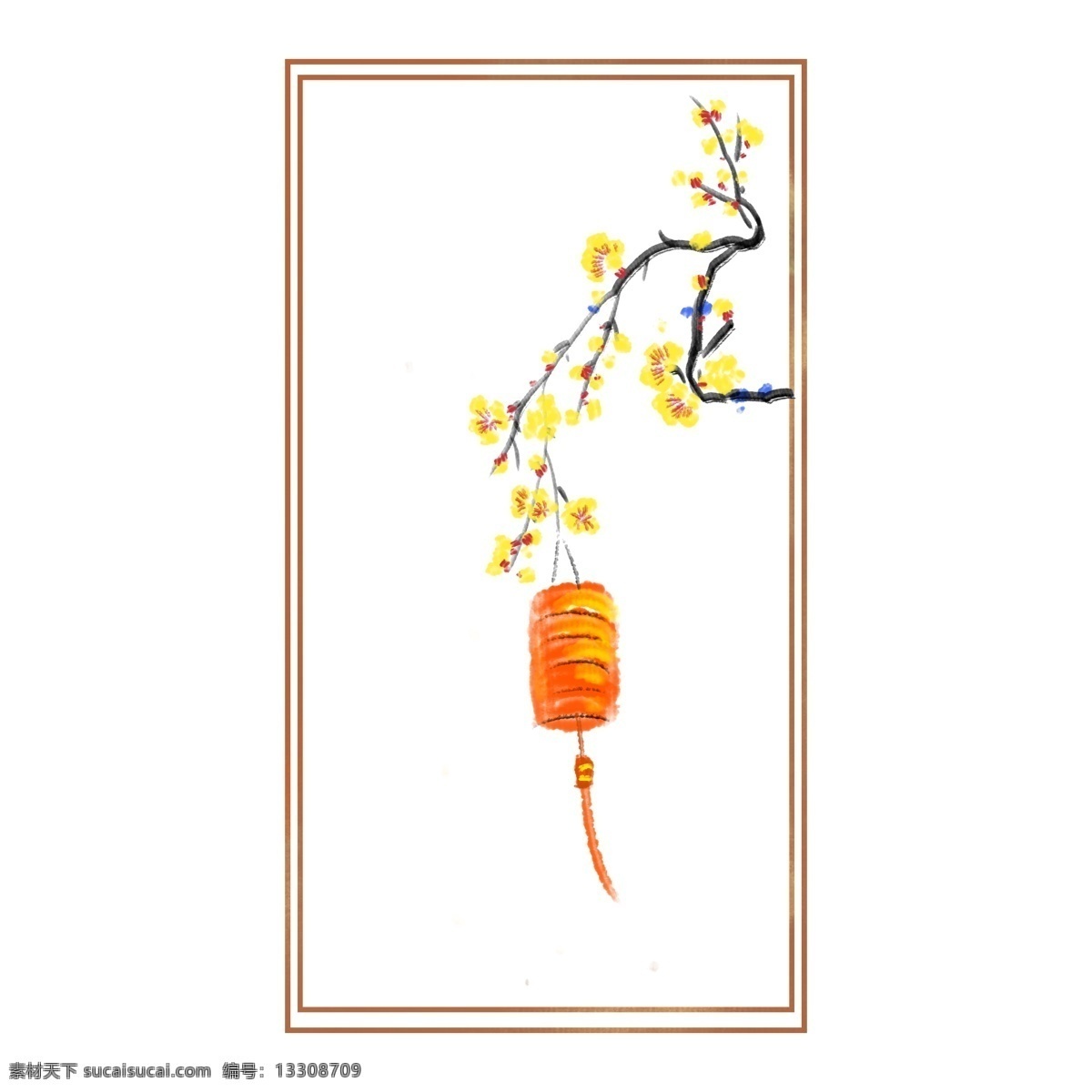冬季 梅花 卡通 边框 框架 矩形 长方形 直线 植物 花卉 鲜花 黄色花瓣 寒冬 灯彩 挂灯笼 古风 中式