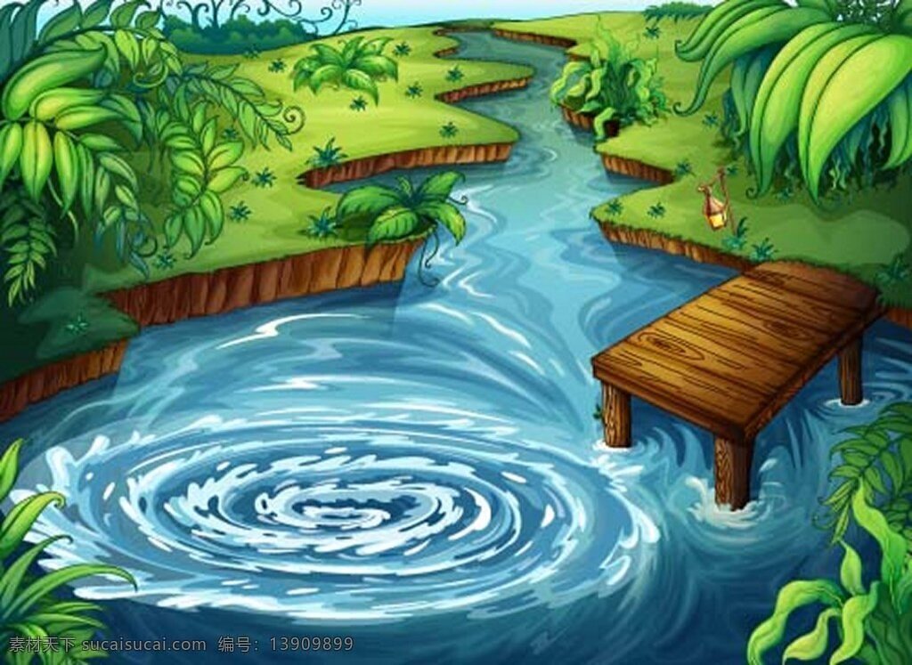 童话 世界 森林 水潭 卡通 可爱 素材免费下载 矢量 插画 童话世界 绿色 蓝色水潭 幻想