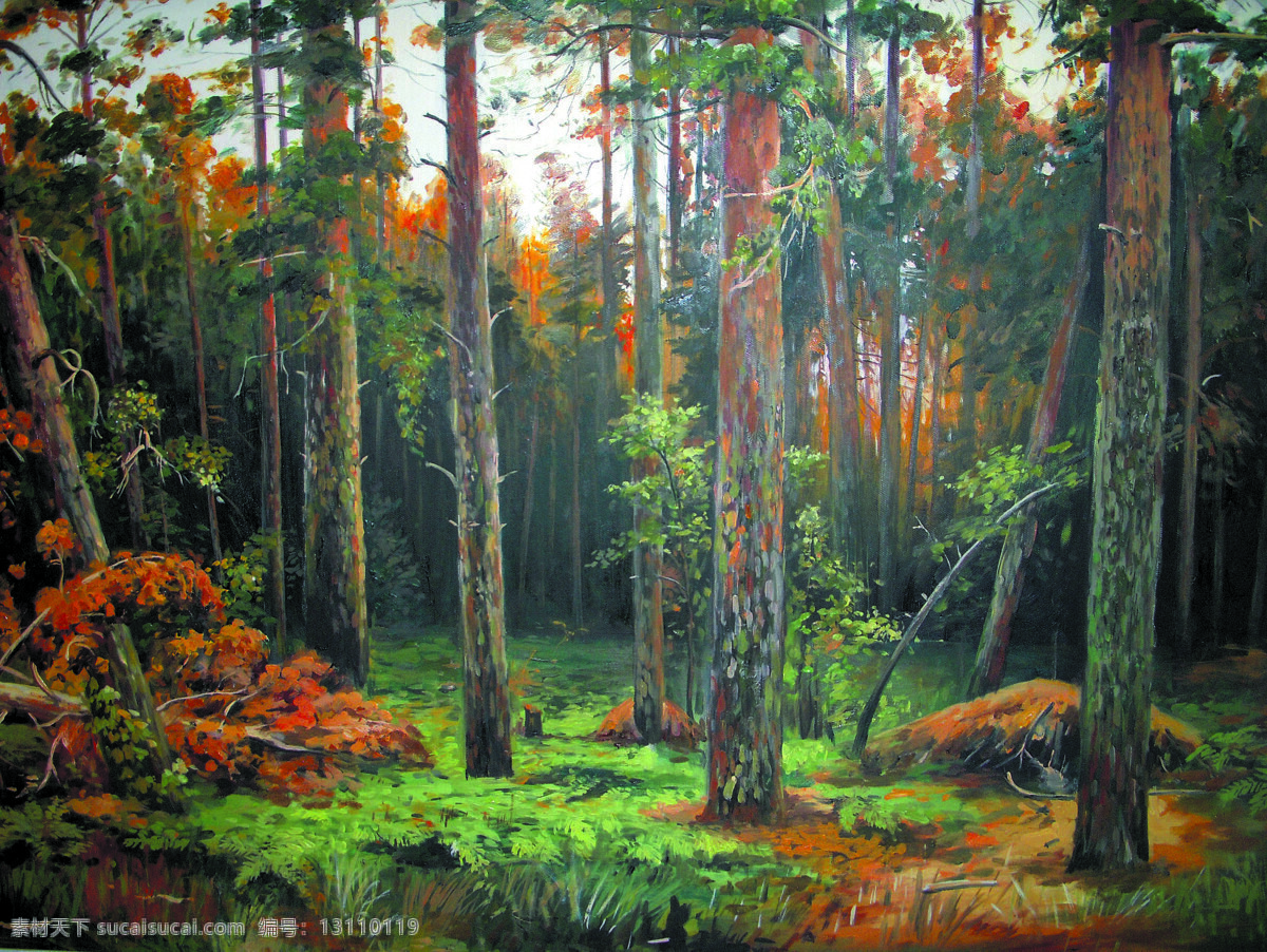 密林 美术 油画 风景 树林 树木 草地 山林 文化艺术 绘画书法
