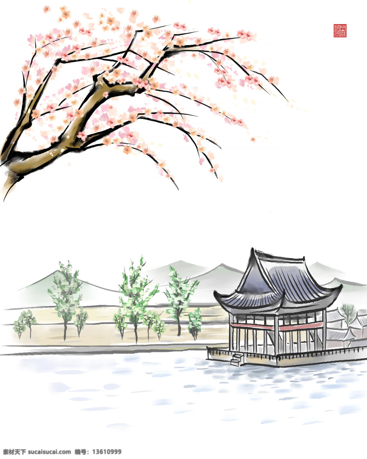 中国 画轴 中国画 水墨画 山水画 桃花 亭子 水 文化艺术