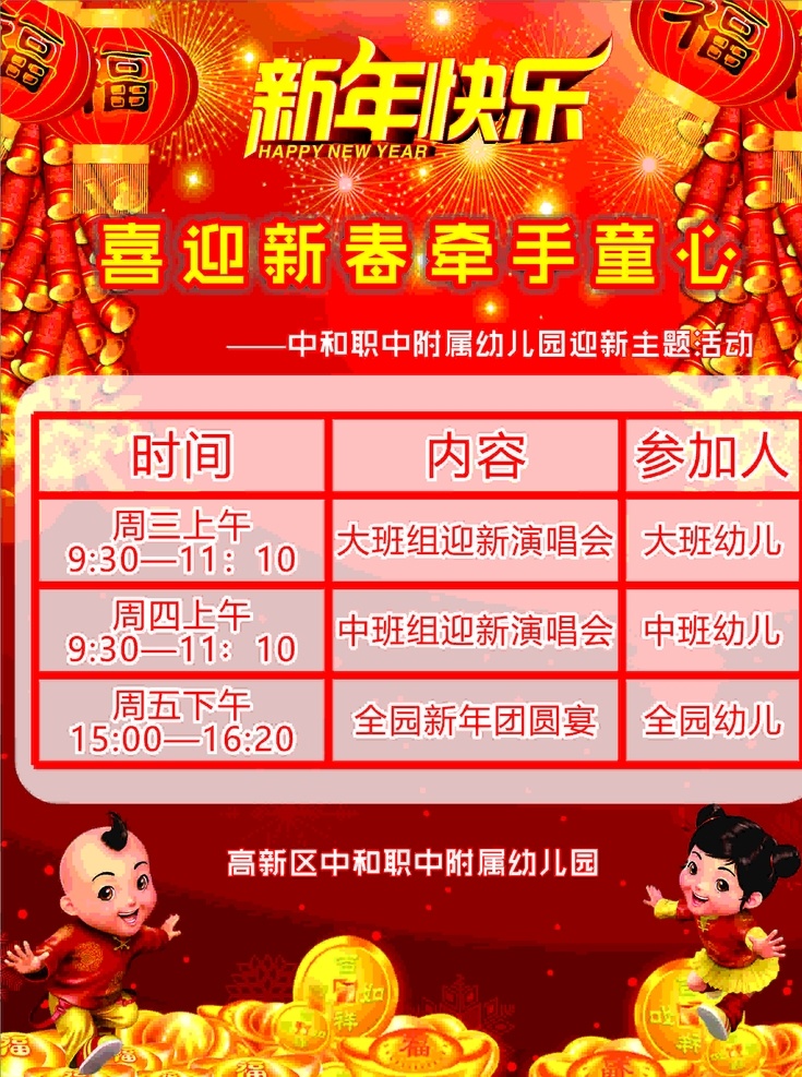 新年快乐 童男童女 金元宝 新年 快乐 灯笼 鞭炮 喜庆 大红 招贴设计