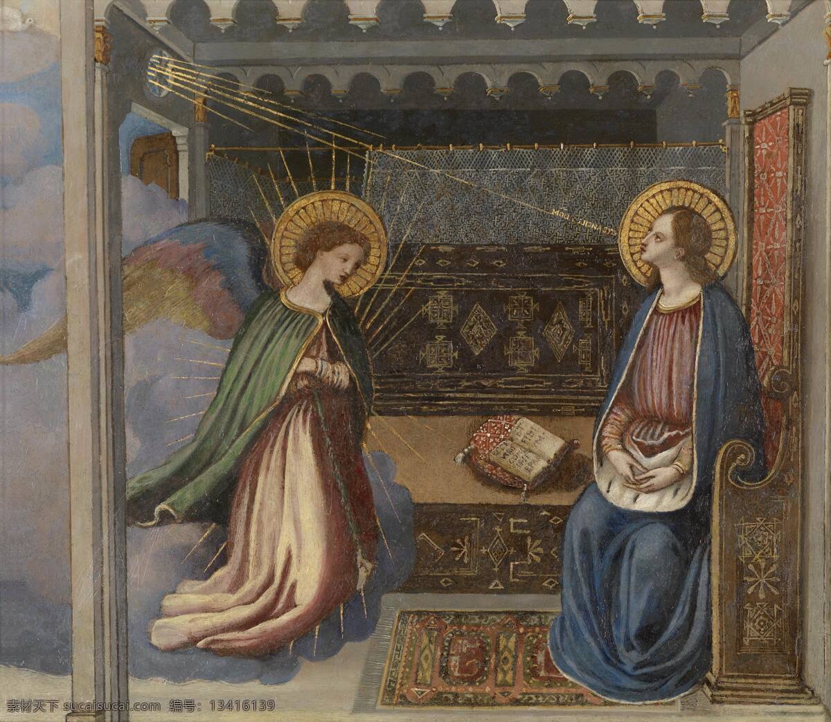 报喜 古典油画 怀孕 绘画书法 天使 文化艺术 油画 圣母玛丽娅 感应 上天 灵气 家居装饰素材