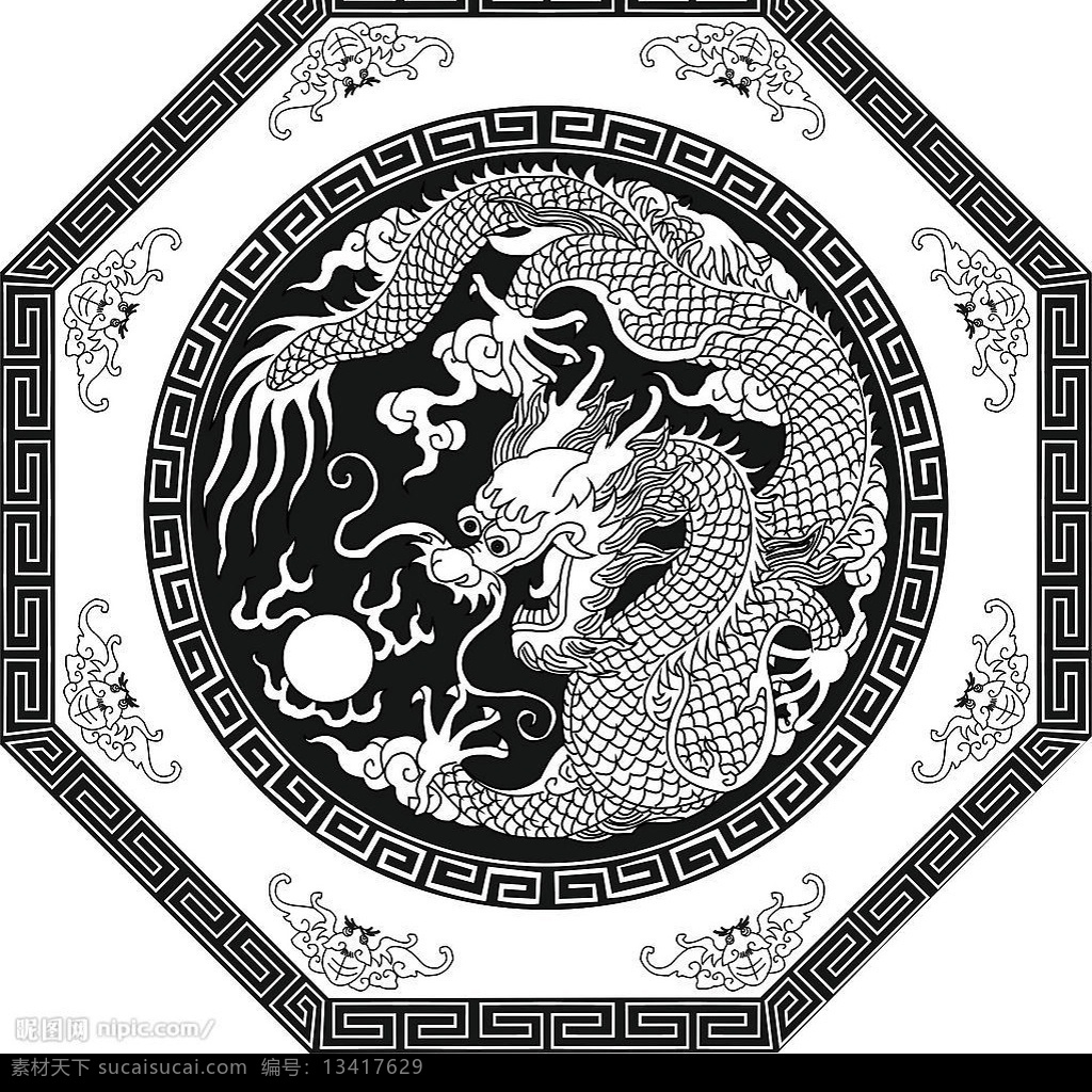 单龙戏珠 线条 龙 珠 八角回纹 蝙蝠 设计图库
