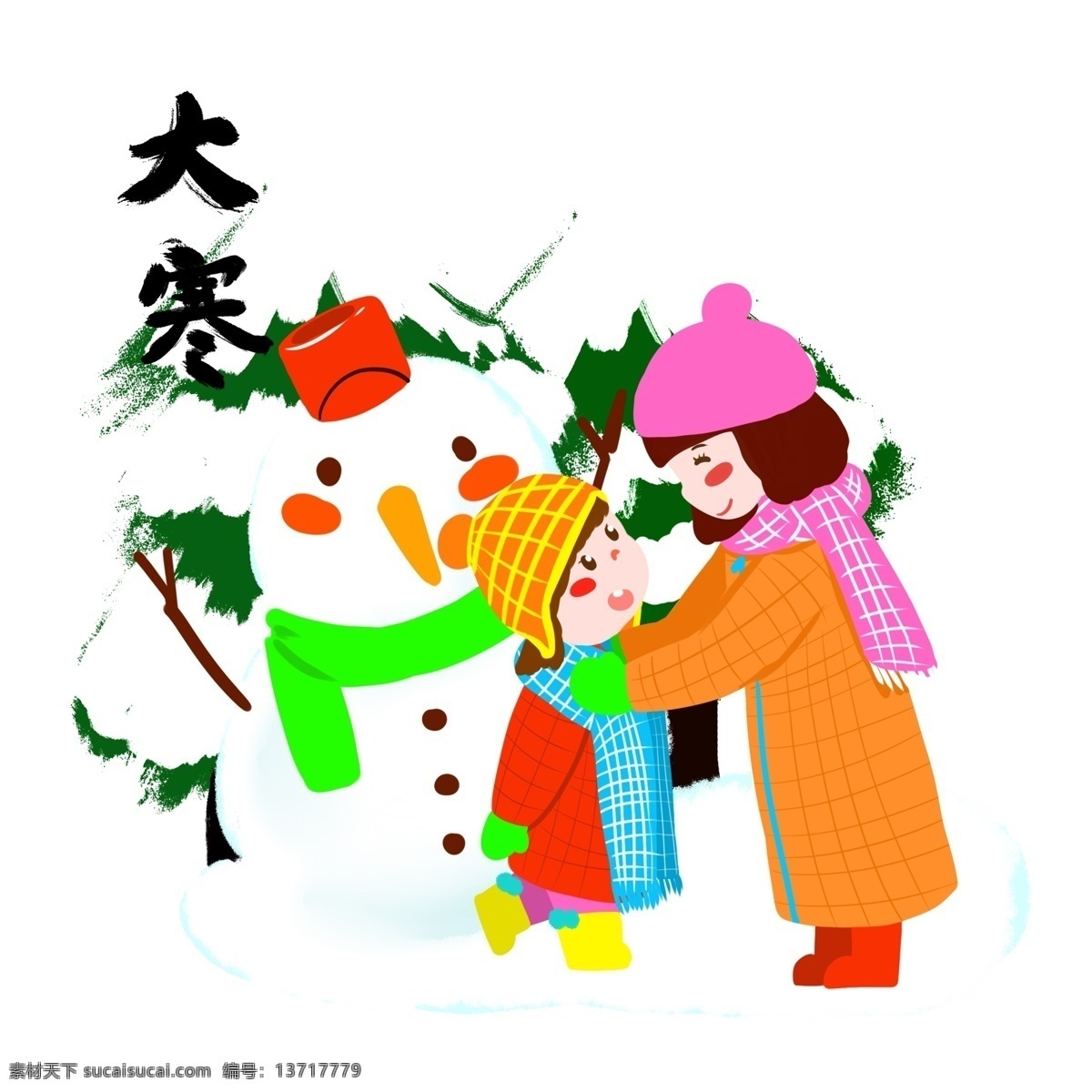 二十四节气 大寒 卡通 妈妈 女儿 整理 围巾 卡通人物 冬天 雪景 温馨 羽绒服 女孩 雪人 母女 帽子 保暖